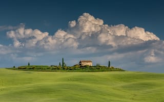 Картинка пейзаж, дом, небо, облака, зелень, холмы, природа, итальянский