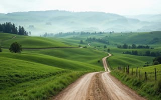 Картинка пейзаж, природа, дорога, зелень, горы, туман, поля