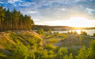 Картинка природа, закат, лес, озеро, пейзаж, деревья, зелень, небо, лето, отдых