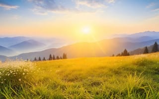 Картинка закат, природа, горы, пейзаж, солнце, трава, цветы, небо, лето, мир