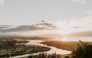 Картинка пейзаж, закат, река, природа, горы, небо, отдых