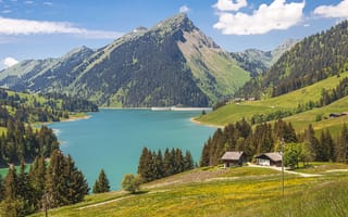 Картинка природа, горы, озеро, пейзаж, лето, зелень, небо