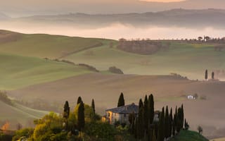 Картинка пейзаж, Тоскана, природа, дом, горы, закат, зелень