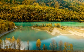 Картинка природа, река, осень, пейзаж, лес, водоем, горы, зеленый, жёлтый, спокойствие