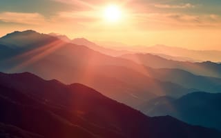 Картинка горы, закат, природа, пейзаж, солнце, туман, красота