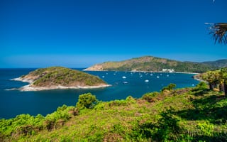 Картинка море, пейзаж, остров, природа, корабли, небо, зелень