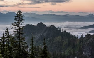 Картинка горы, природа, пейзаж, лес, облака, закат, туман