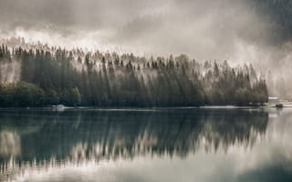 Картинка природа, озеро, лес, туман, отражение, пейзаж, горы