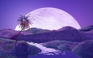 Картинка луна, пейзаж, пальма, ночь, природа, горы, вода, фантазия, свет, синий