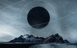 Картинка космос, пейзаж, горы, черная дыра, звезды, небо, фантазия