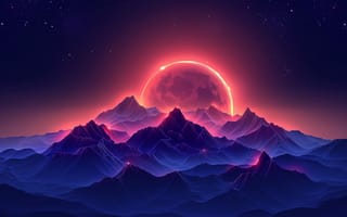 Картинка горы, закат, пейзаж, космос, фантазия, обои, природа