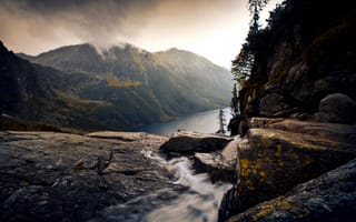 Картинка природа, горы, река, пейзаж, водопад, лес, облака