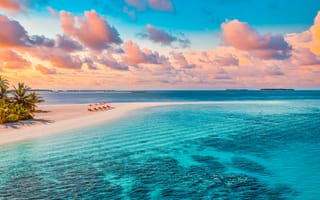 Картинка пляж, море, пейзаж, закат, пальмы, отдых, тропики