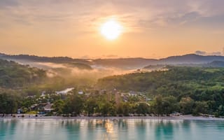 Картинка пейзаж, закат, природа, море, пляж, горы, отдых