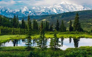Картинка природа, горы, озеро, лес, пейзаж, небо, зеленый, отражение, снег, вода