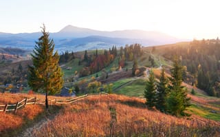 Картинка пейзаж, горы, осень, природа, деревья, закат, долина