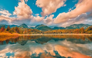 Картинка природа, озеро, горы, облака, осень, отражение, пейзаж, лес, красота, спокойствие