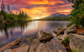 Картинка природа, озеро, закат, горы, камни, лес, пейзаж