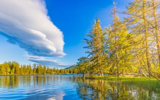 Картинка природа, озеро, лес, небо, облака, пейзаж, отражение