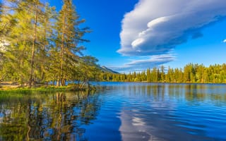 Картинка природа, озеро, деревья, небо, облака, пейзаж, отражение