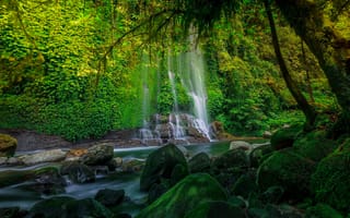 Картинка водопад, природа, зелень, камни, река, лес, пейзаж