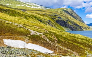 Картинка горы, природа, пейзаж, озеро, лето, снег, тропа