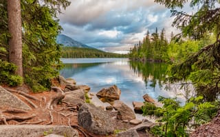 Картинка природа, озеро, лес, камни, горы, пейзаж, отдых