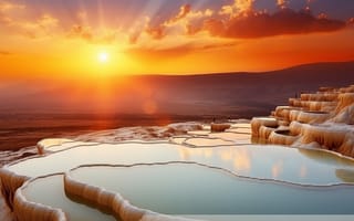 Картинка закат, природа, водопады, пейзаж, террасы, мир, красота