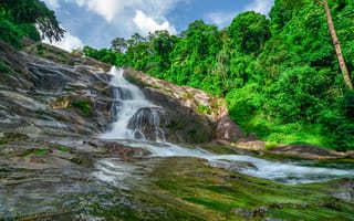 Картинка водопад, природа, лес, пейзаж, вода, камни, зелень