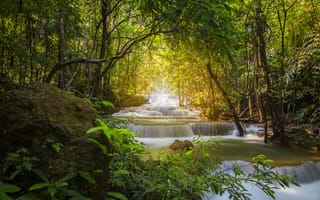 Картинка водопад, природа, лес, река, пейзаж, зелень, освещение