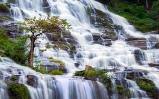 Картинка водопад, природа, пейзаж, дерево, камни, вода, зелень