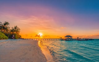 Картинка пляж, закат, море, пейзаж, пальмы, пирс, отдых, природа, солнце, воды