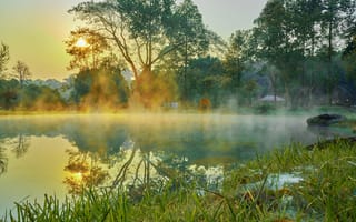 Картинка природа, озеро, рассвет, туман, деревья, пейзаж, спокойствие