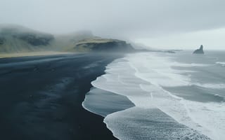 Картинка пляж, океан, черный песок, природа, скалы, туман, пейзаж