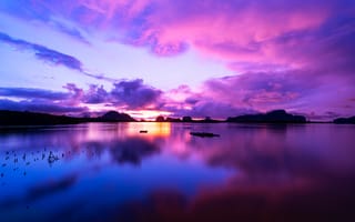 Картинка закат, природа, озеро, горы, небо, отражение, пейзаж, цвета, мирный, красота