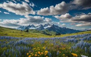 Картинка горы, цветы, пейзаж, небо, природа, лето, обои