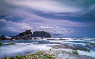 Картинка море, скалы, пейзаж, облака, природа, водопад, океан