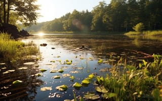 Картинка природа, озеро, лес, свет, вода, растения, пейзаж