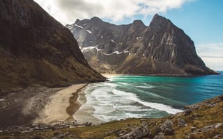 Картинка природа, горы, море, пляж, пейзаж, скалы, водопад