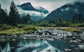 Картинка природа, горы, река, лес, облака, пейзаж, камни, водопад, тишина, зеленый