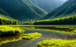 Картинка природа, горы, озеро, лес, пейзаж, зелень, вода, отражение, долина, спокойствие