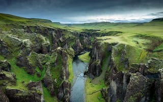 Картинка каньон, природа, река, пейзаж, Исландия, горы, зелень