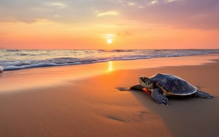 Картинка черепаха, море, закат, пляж, природа, пейзаж, океан