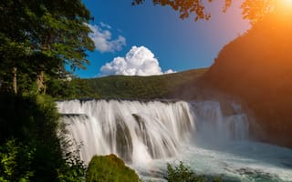 Картинка водопад, природа, пейзаж, небо, деревья, вода, лето, солнце