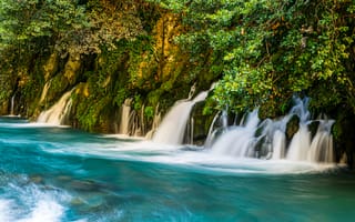 Картинка водопад, река, природа, пейзаж, зелень, вода, камни, лето, спокойствие