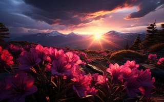 Картинка закат, цветы, природа, горы, пейзаж, красота, ландшафт