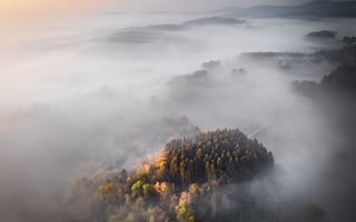 Картинка природа, туман, лес, пейзаж, горы, осень, закат