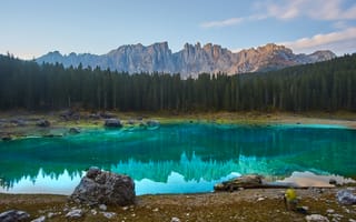 Картинка озеро, горы, природа, лес, пейзаж, отражение, камни