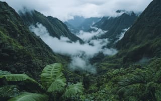 Картинка природа, горы, долина, облака, зелень, пейзаж, туман, ландшафт