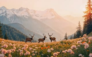 Картинка горы, олени, природа, закат, цветы, лес, пейзаж